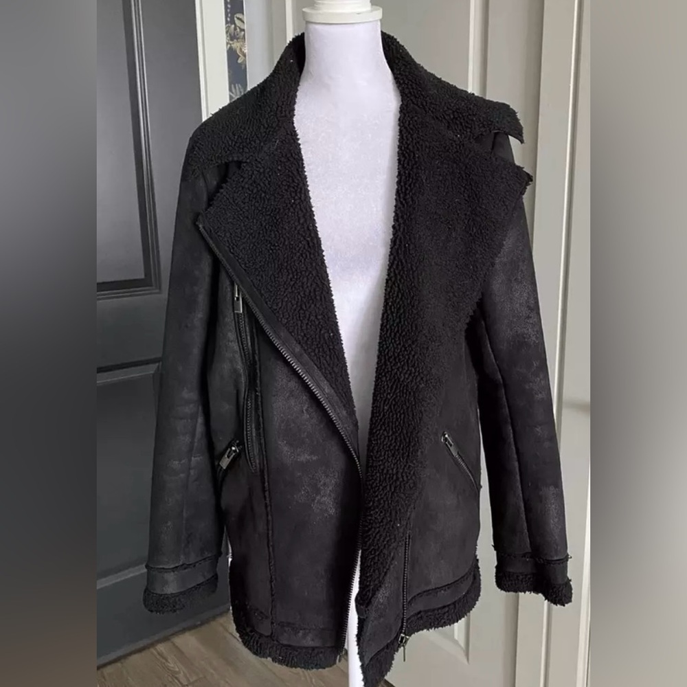 Black Shearling/Sherpa Moto Jacket by The Kooples